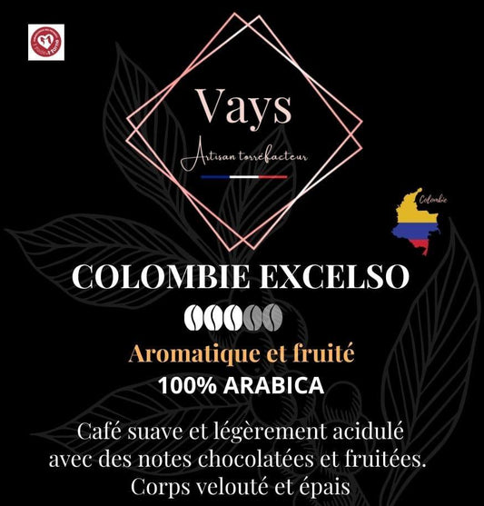 Café Colombie EXCELSO IGP Café en grains ou moulu. Label made in marne